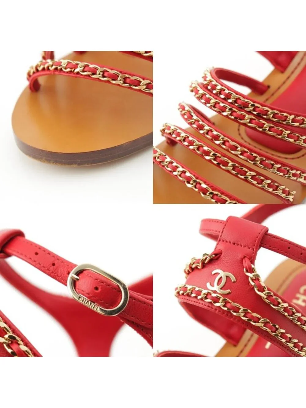 Chanel Leather Wood Chain Thick Sole Platform Sandals Red